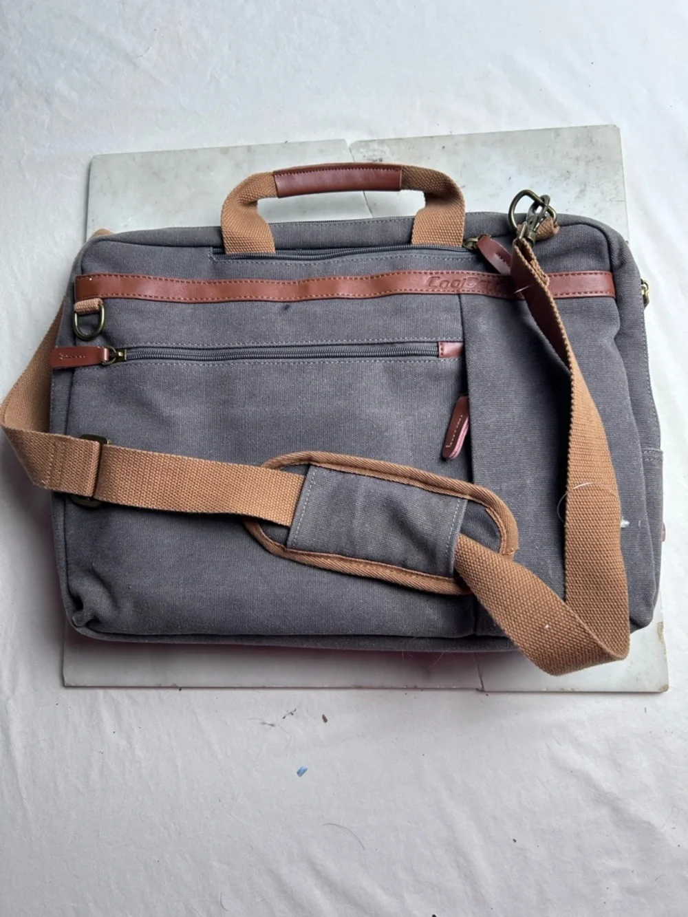 Coolbell Canvas Messenger Laptop Bag in Gray with Tan Accents